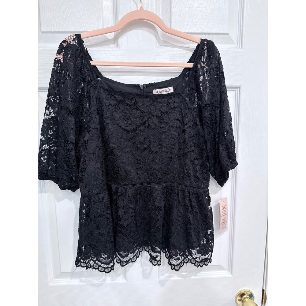 Nanette Nanette Lepore Black Floral Lace Peplum Top Square Neck NWT Size L